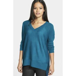 EILEEN FISHER Artic Green Royal Alpaca Colorblock V-Neck Sweater, Sz M